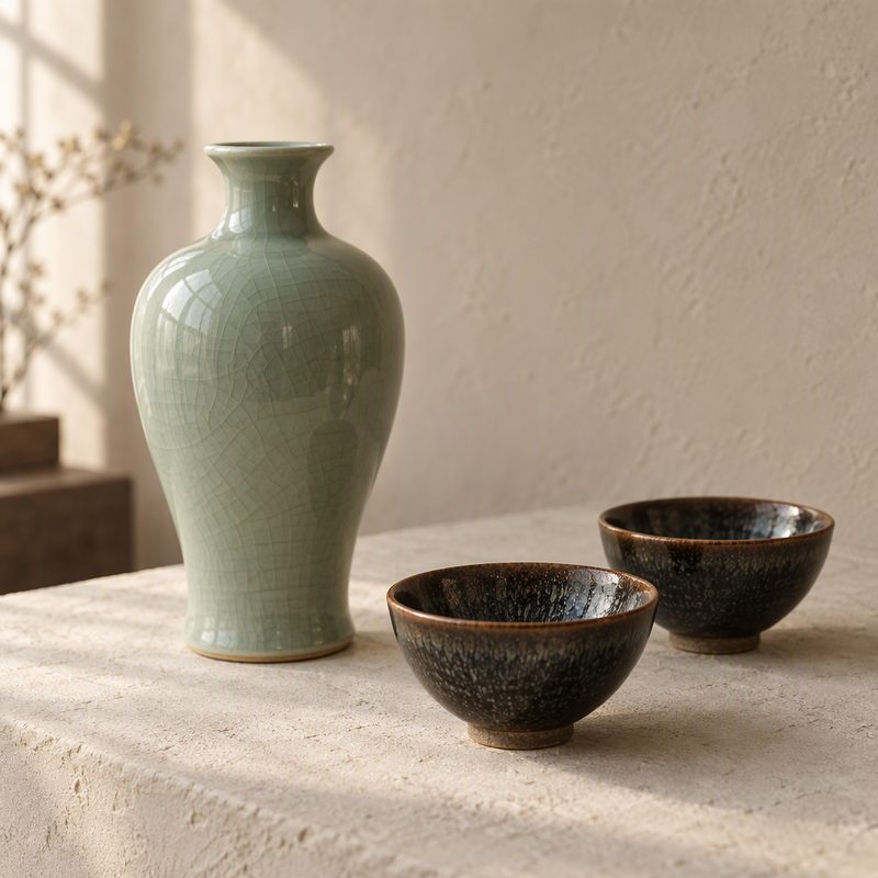 A celadon vase and dark glazed bowls