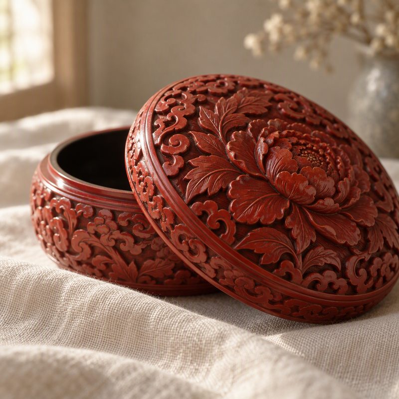 Carved cinnabar lacquer boxes on a workshop bench