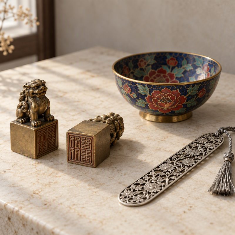A cloisonné bowl and bronze objects on a table