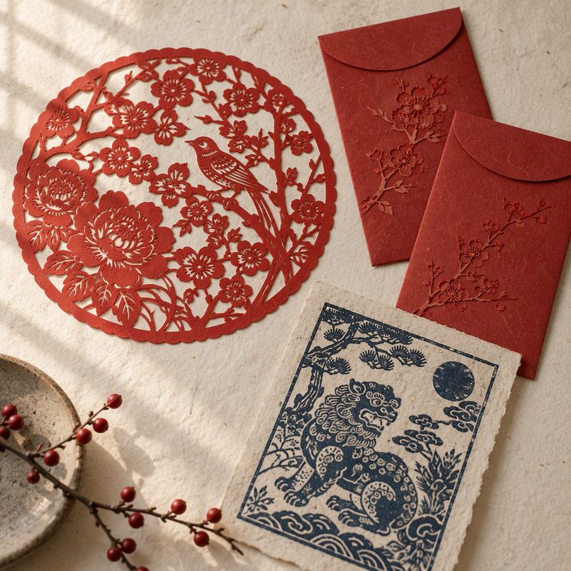 A red Chinese paper-cutting with scissors and offcuts