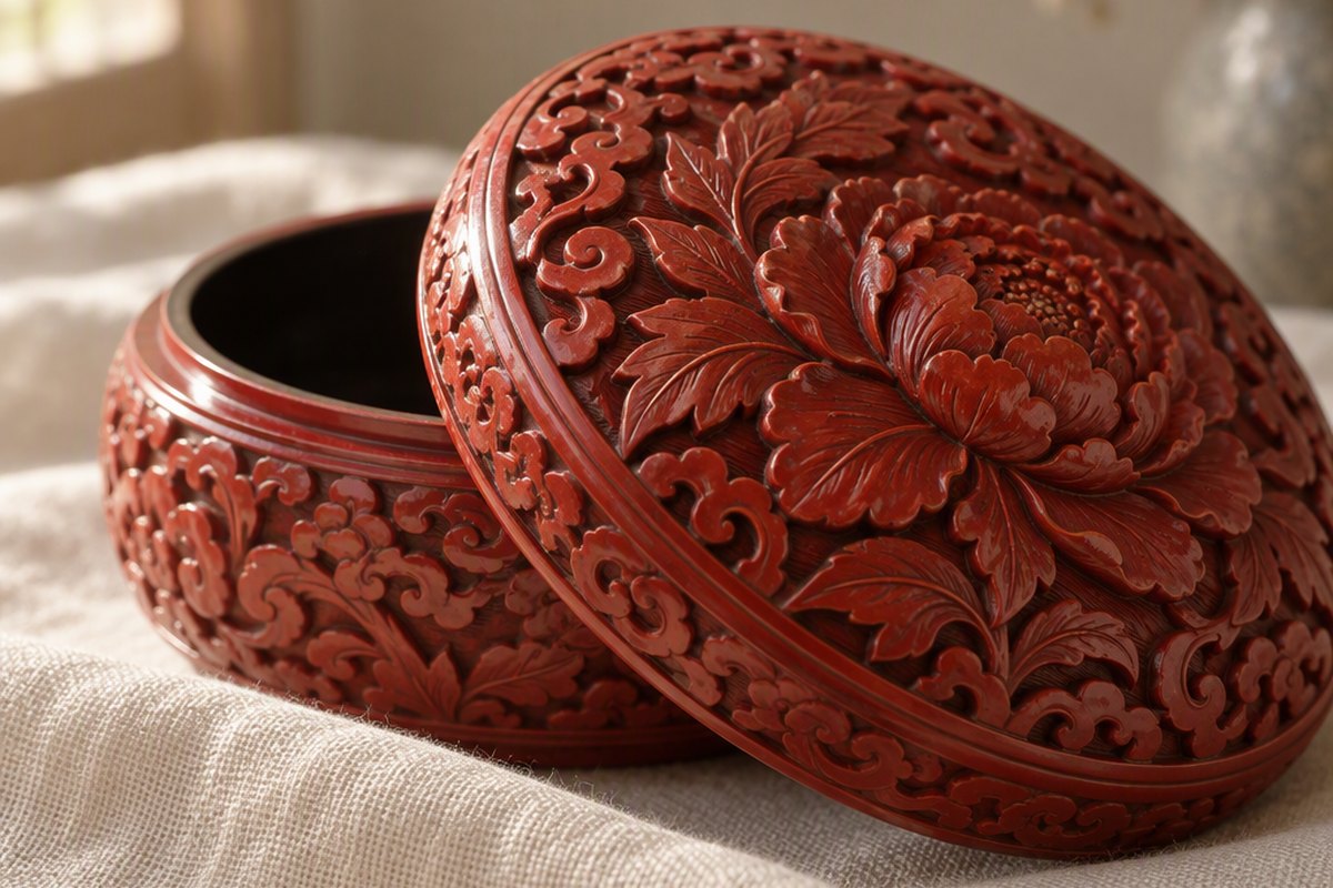 Carved cinnabar lacquer boxes on a workshop bench, seen from above