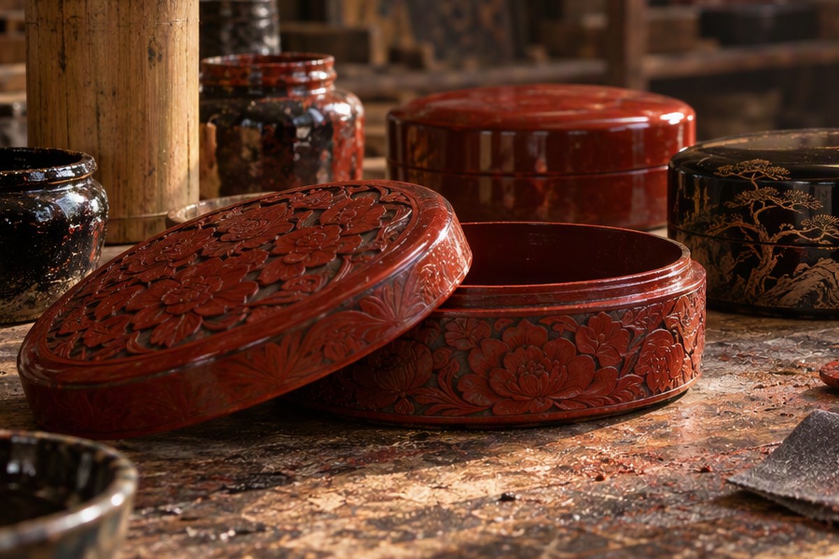 Carved lacquer boxes and brushes on a workshop bench