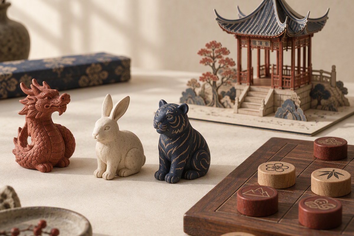 Small painted clay animals and a miniature pavilion on a wooden tray