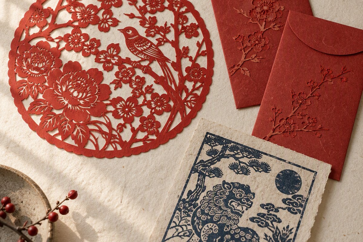 Paper-cuttings, red envelopes and a blue woodblock print on a table