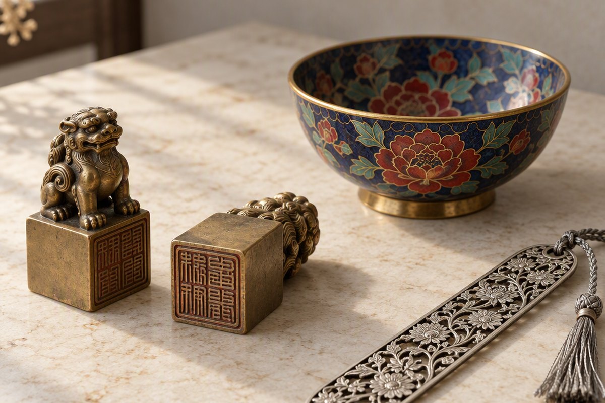 A cloisonné bowl, a bronze figure and a bangle laid out on a table
