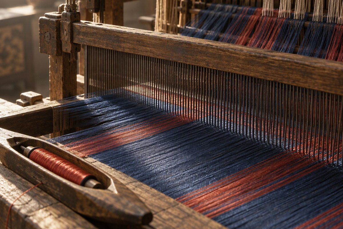 Coloured silk threads stretched on a hand loom