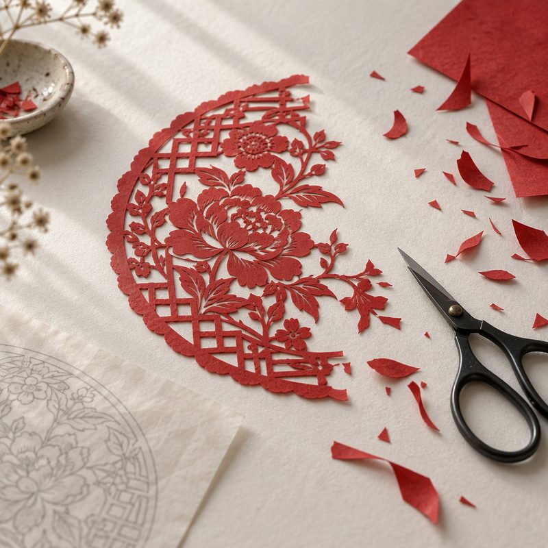 A half-finished Chinese paper-cutting with scissors and paper scraps