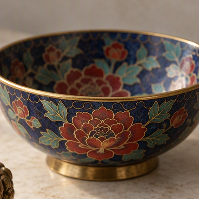 A cloisonne bowl with a peony pattern in fired enamel